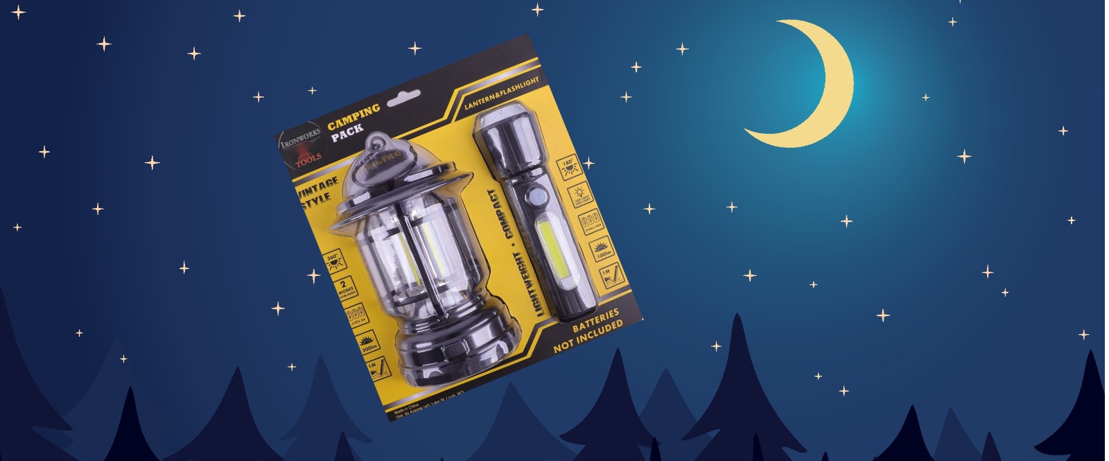 Picture of a lantern and a flashlight against a night sky 